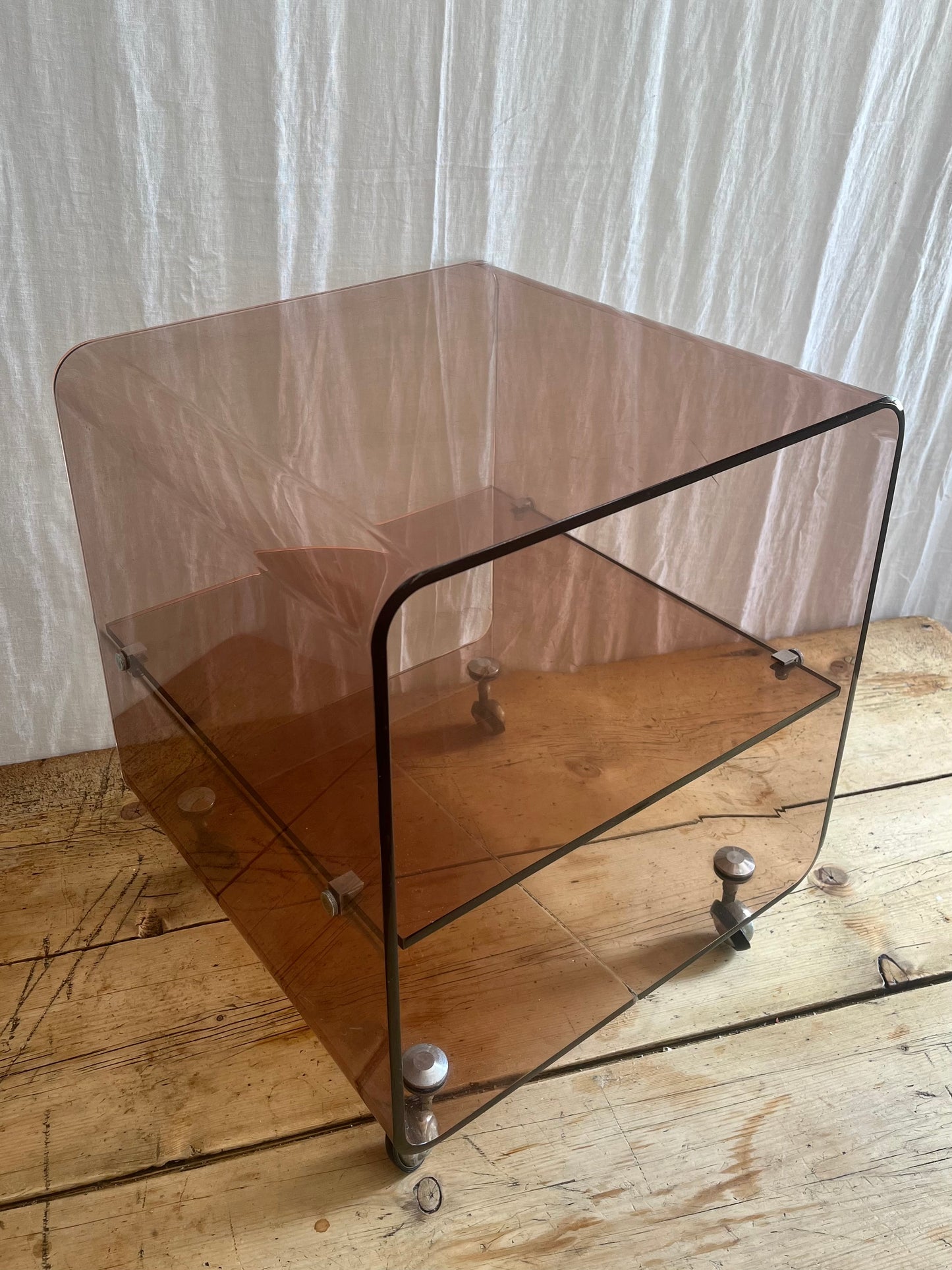 Michel Dumas for Roche Bobois vintage 1970s french clear brown smoked perspex coffee side table with shelves