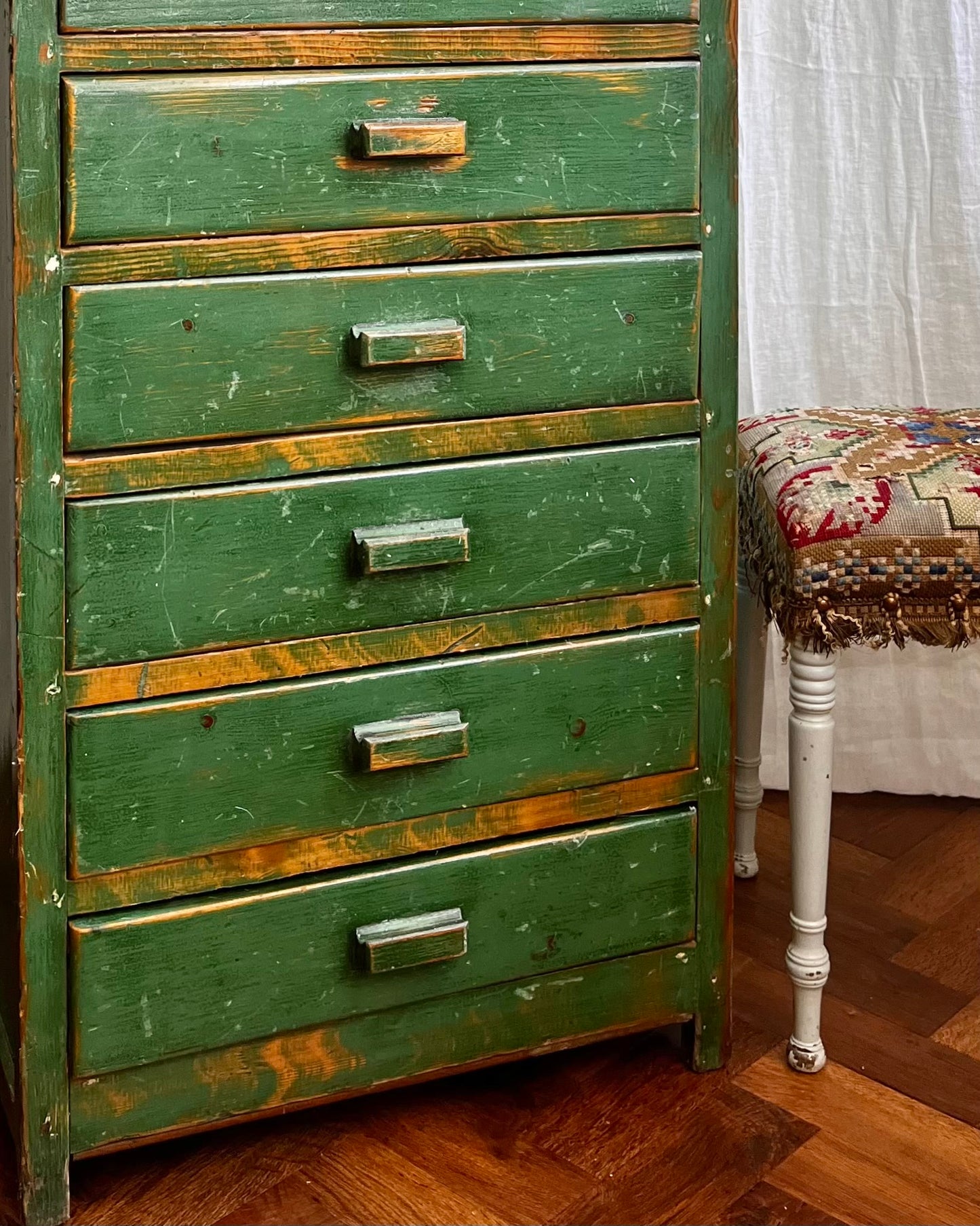 Vintage handmade 1940s green painted wooden tallboy with an antique hand sewn folk art tapestry stool