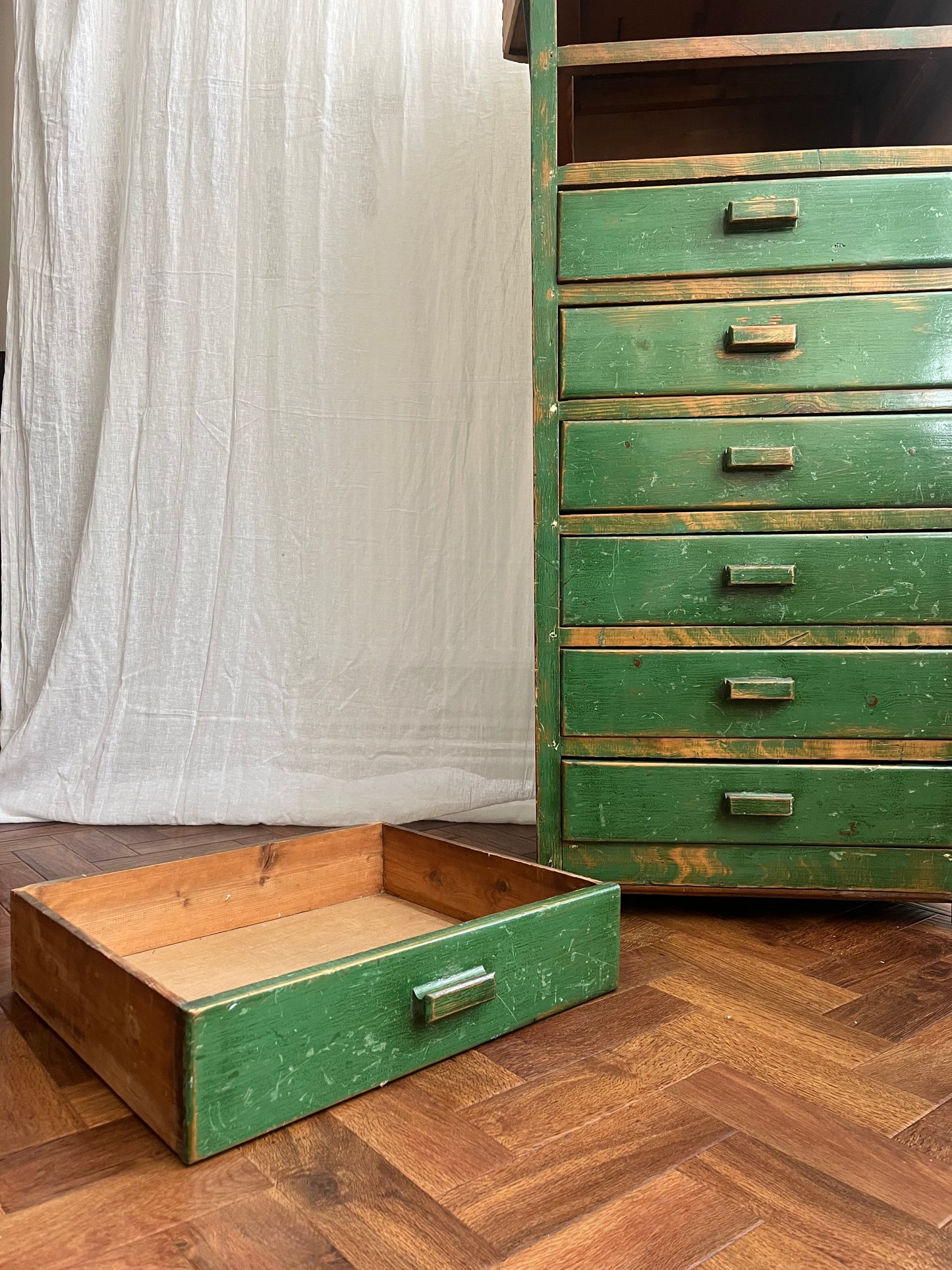 Vintage handmade 1940s green painted wooden tallboy