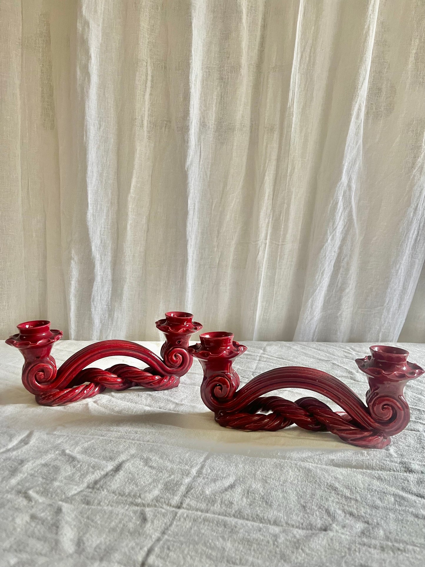 Vintage french red Vallauris ceramic candle holders.
