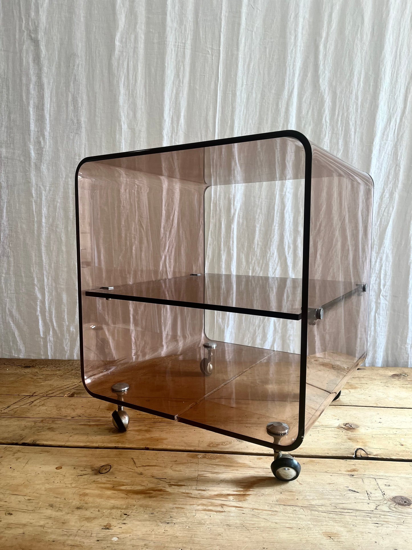 Michel Dumas for Roche Bobois vintage 1970s french clear brown smoked perspex coffee side table with shelves