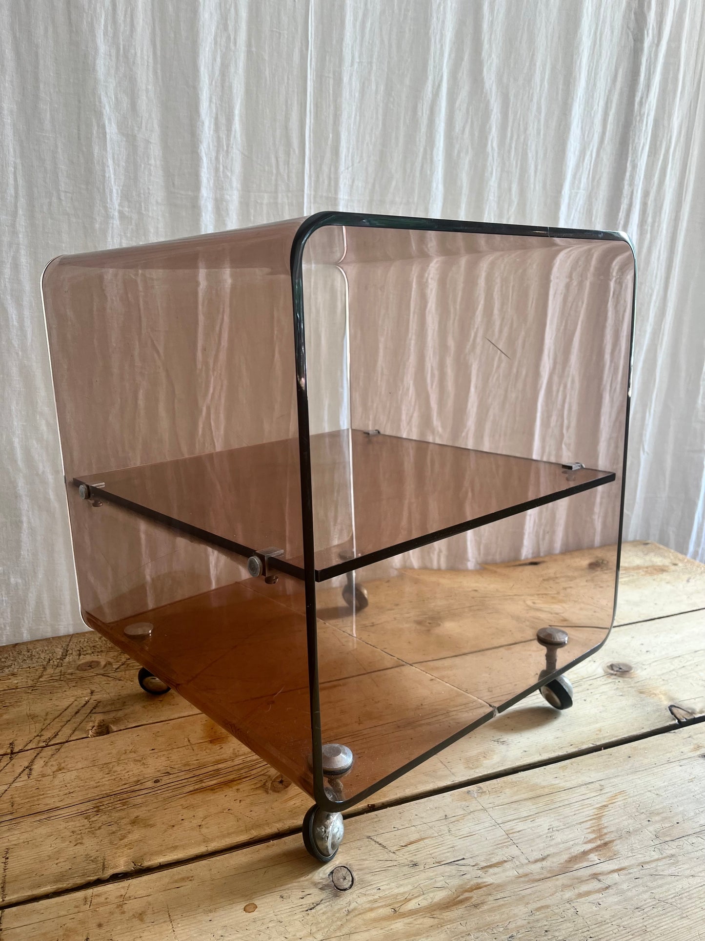 Michel Dumas for Roche Bobois vintage 1970s french clear brown smoked perspex coffee side table with shelves