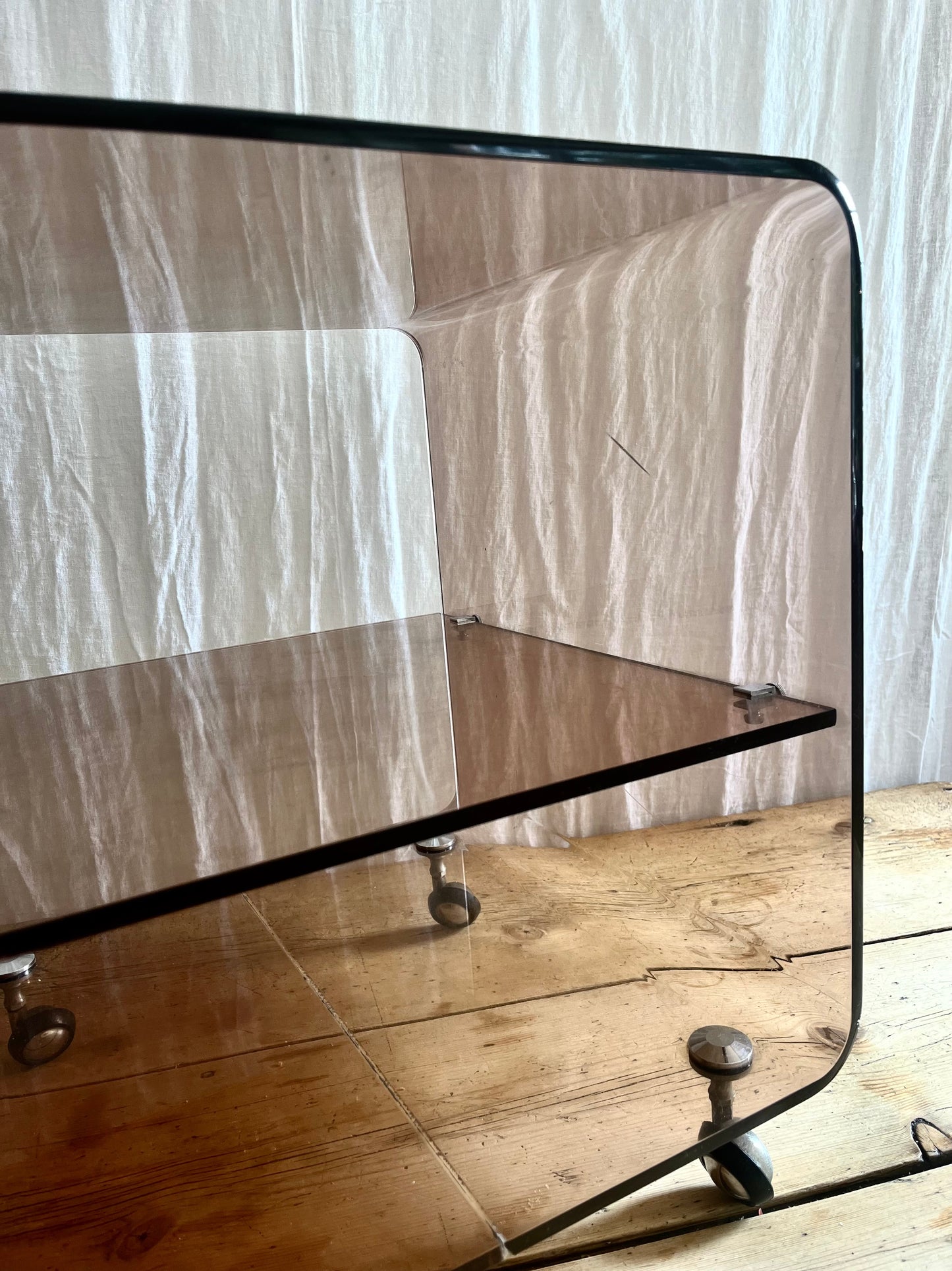 Michel Dumas for Roche Bobois vintage 1970s french clear brown smoked perspex coffee side table with shelves