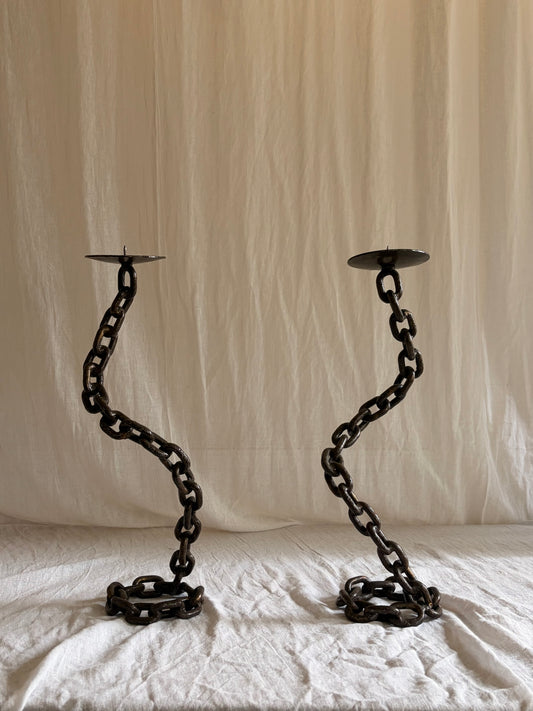 A Pair of Tall Coiled Chain Candle Holders