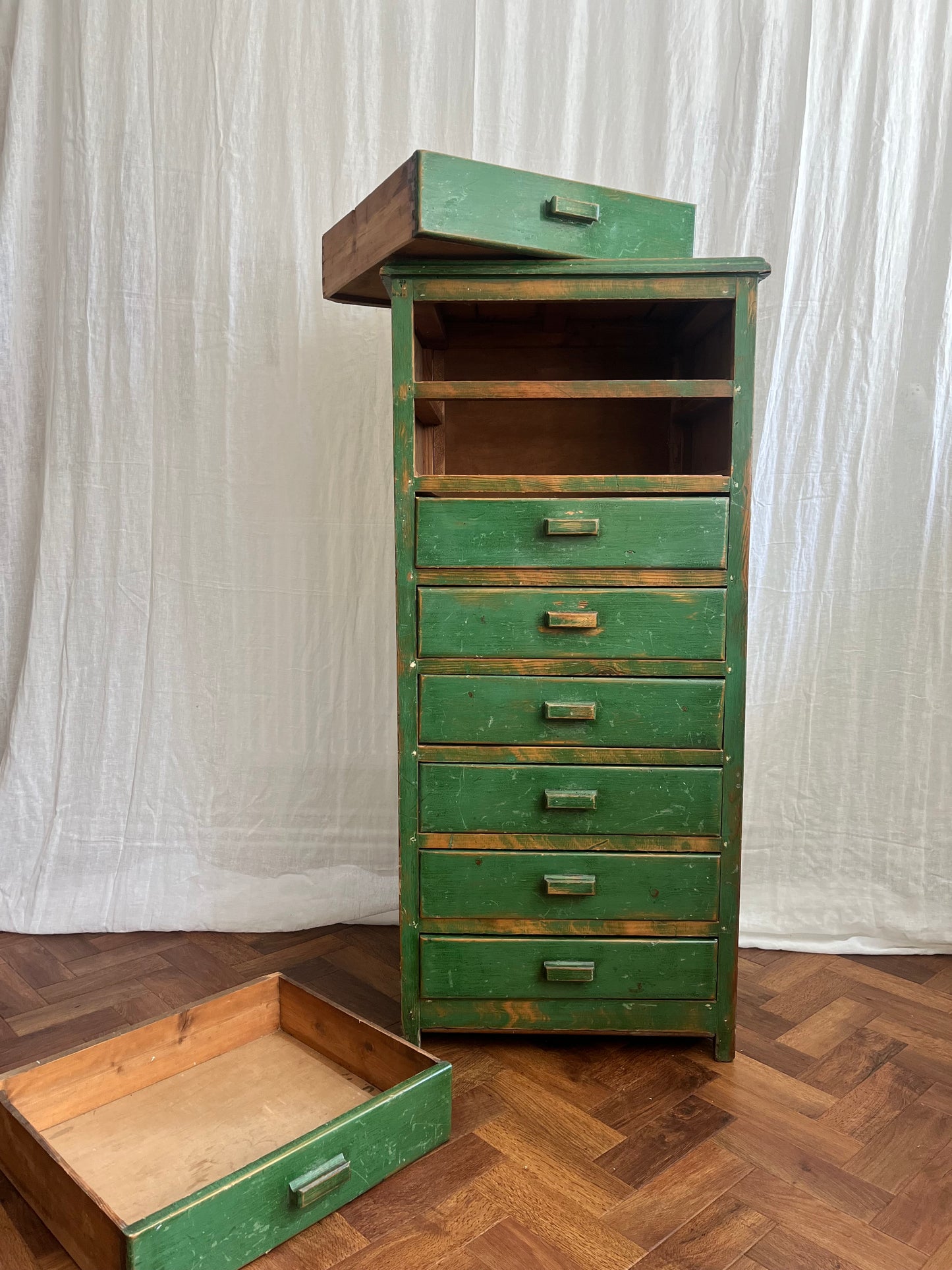 Vintage handmade 1940s green painted wooden tallboy