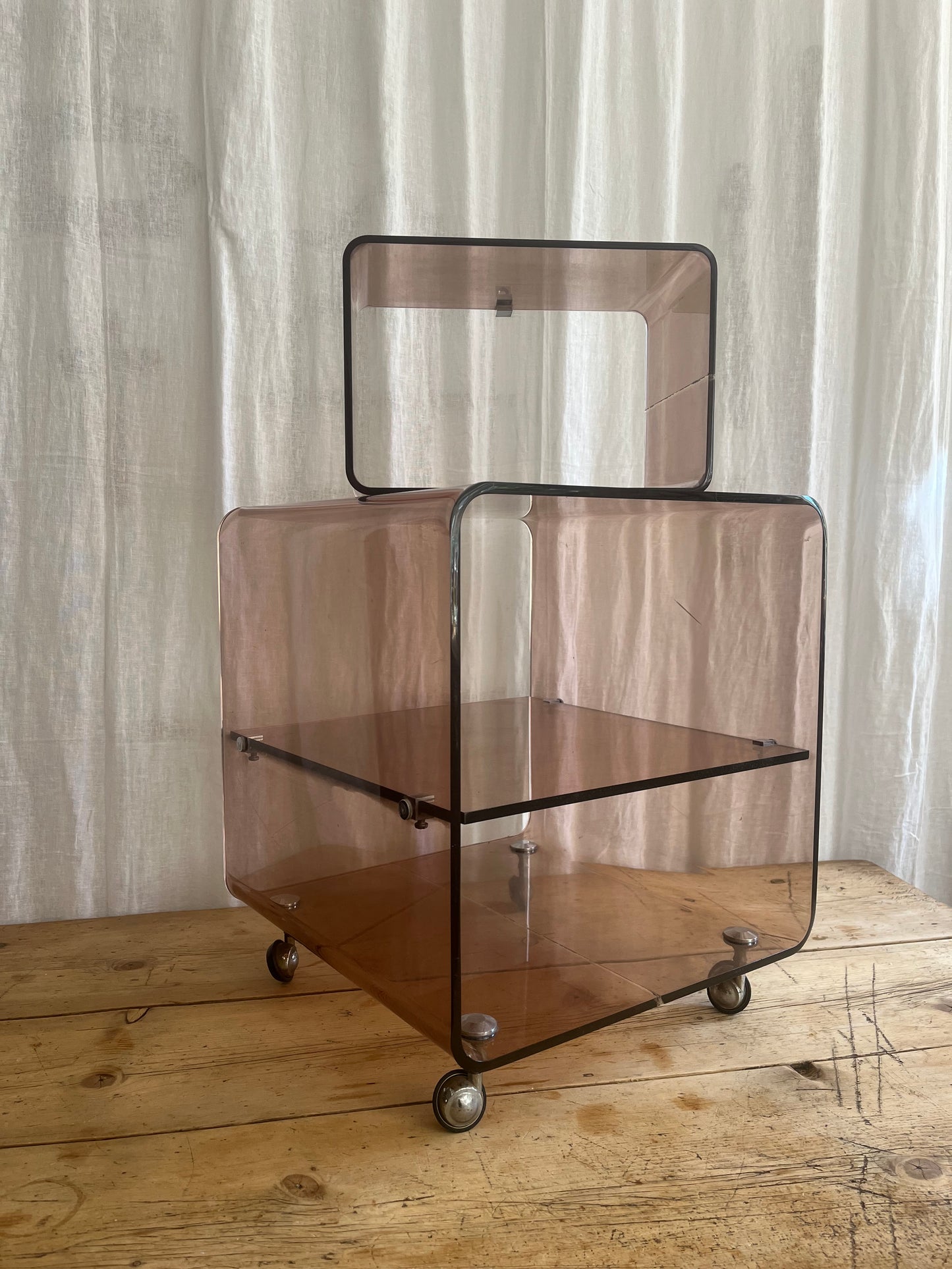 Michel Dumas for Roche Bobois vintage 1970s french clear brown smoked perspex coffee side table with shelves