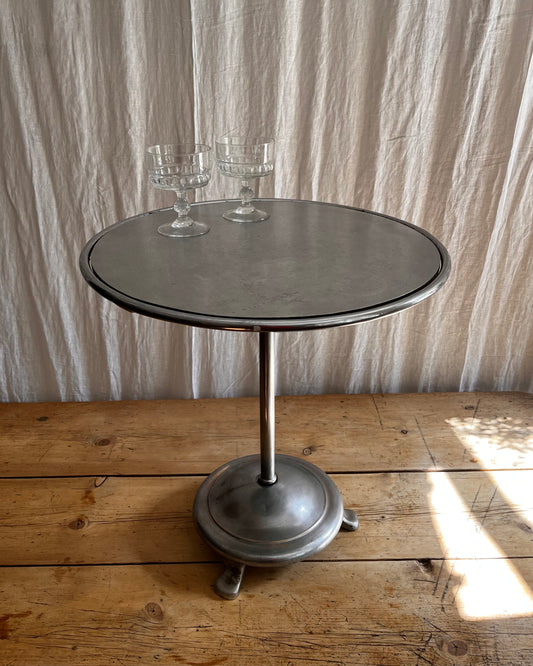 Vintage 1930s Art Deco stainless steel bistro coffee table with vintage french coupe glassware 