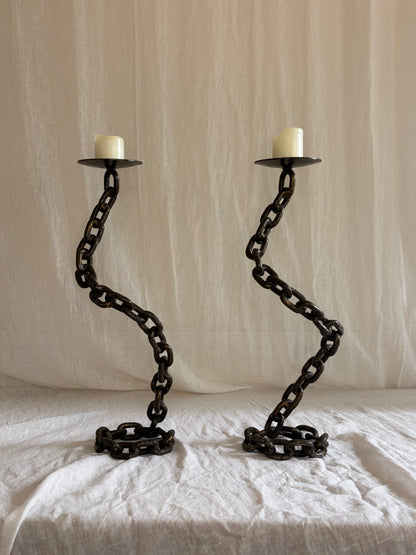 A Pair of Tall Coiled Chain Candle Holders