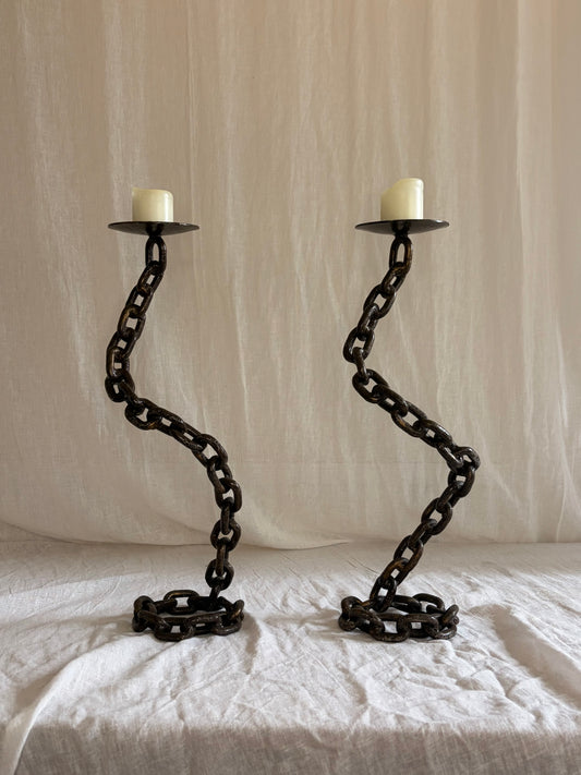 A Pair of Tall Coiled Chain Candle Holders
