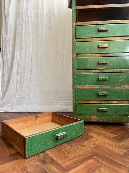 Vintage handmade 1940s green painted wooden tallboy