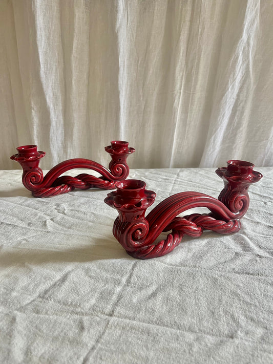 Vintage french red Vallauris ceramic candle holders.