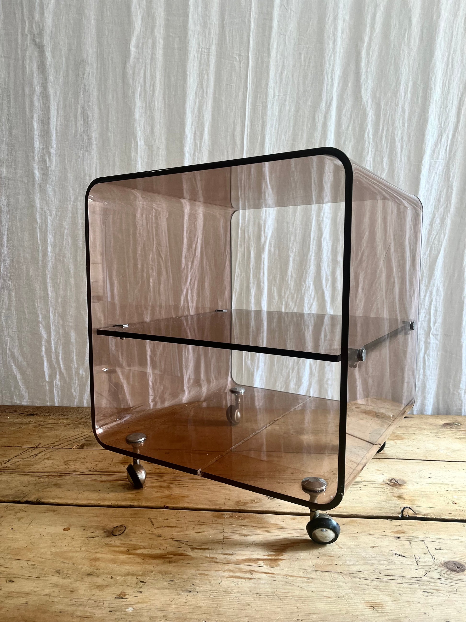 Michel Dumas for Roche Bobois vintage 1970s french clear brown smoked perspex coffee side table with shelves