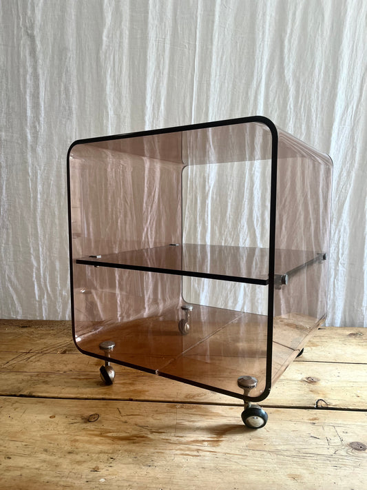 Michel Dumas for Roche Bobois vintage 1970s french clear brown smoked perspex coffee side table with shelves