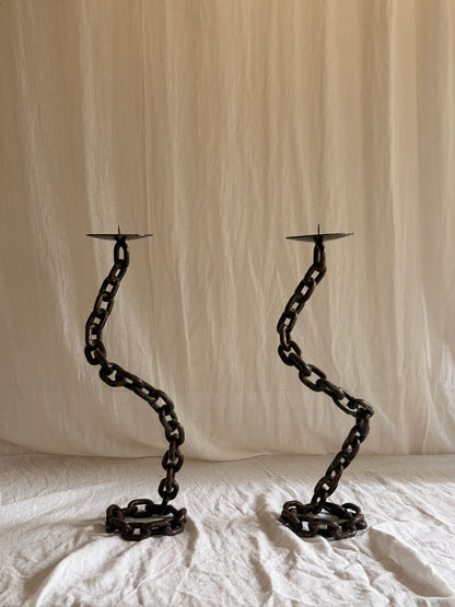 A Pair of Tall Coiled Chain Candle Holders